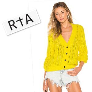 RTA Hunter Cotton Long Sleeve Button Up Cable Knit Cardigan in Lemon Size XXS